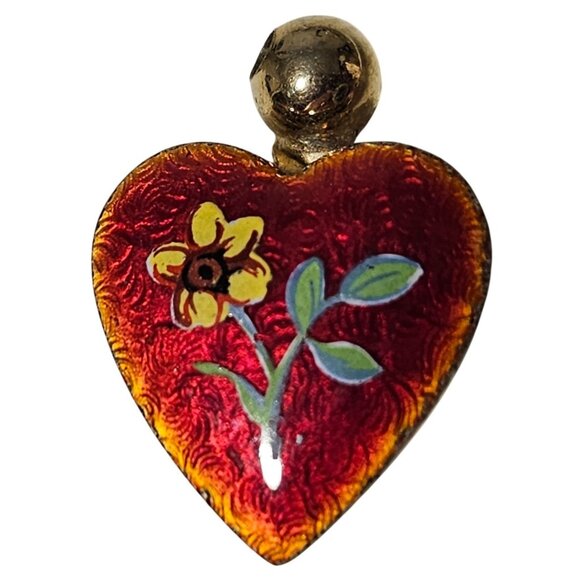 Vintage Heart Shaped Locket Red Enamel Flower Design Hinged Opening Jewelry - Picture 1 of 5